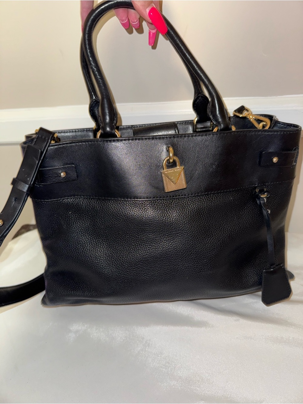 Michael Kors Black Leather Tote Handbag with Gold Hardware